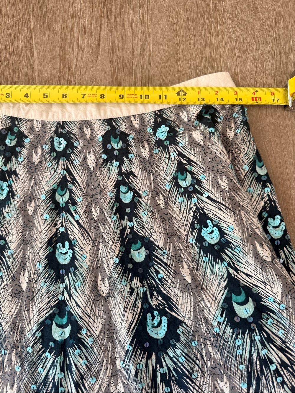 Vintage Bernardo Peacock Feather Skirt Sequins Block Print Coastal Chic size 12 - Picture 6 of 8